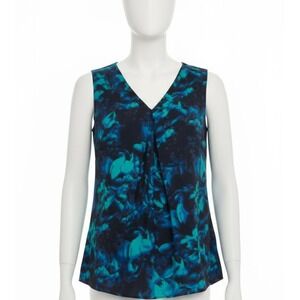 Tahari Women Blouse Top Green Blue Black Polyester Sleeveless V-Neck Size Small